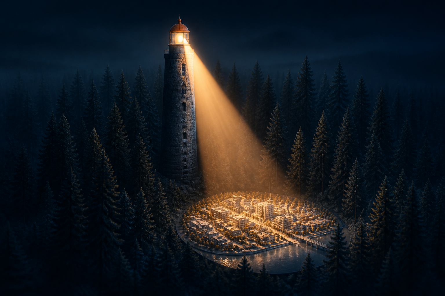 Illustration till artikeln ”Google Ads i Jönköping: Så får du fler lokala kunder (utan att slösa pengar)” (Annonsering): A weathered stone lighthouse stands in the center of a dense pine forest, casting a sharp, concentrated beam of golden light that illuminates only a miniatu...