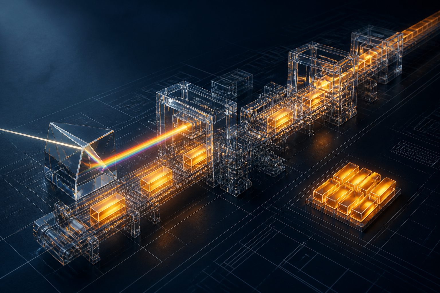 Illustration till artikeln ”Designbyrå i Jönköping: Så väljer du en partner som faktiskt bygger din affär” (Varumärke): A precision-engineered blueprint of a factory floor where the industrial assembly lines are constructed entirely from polished glass prisms that refract ligh...