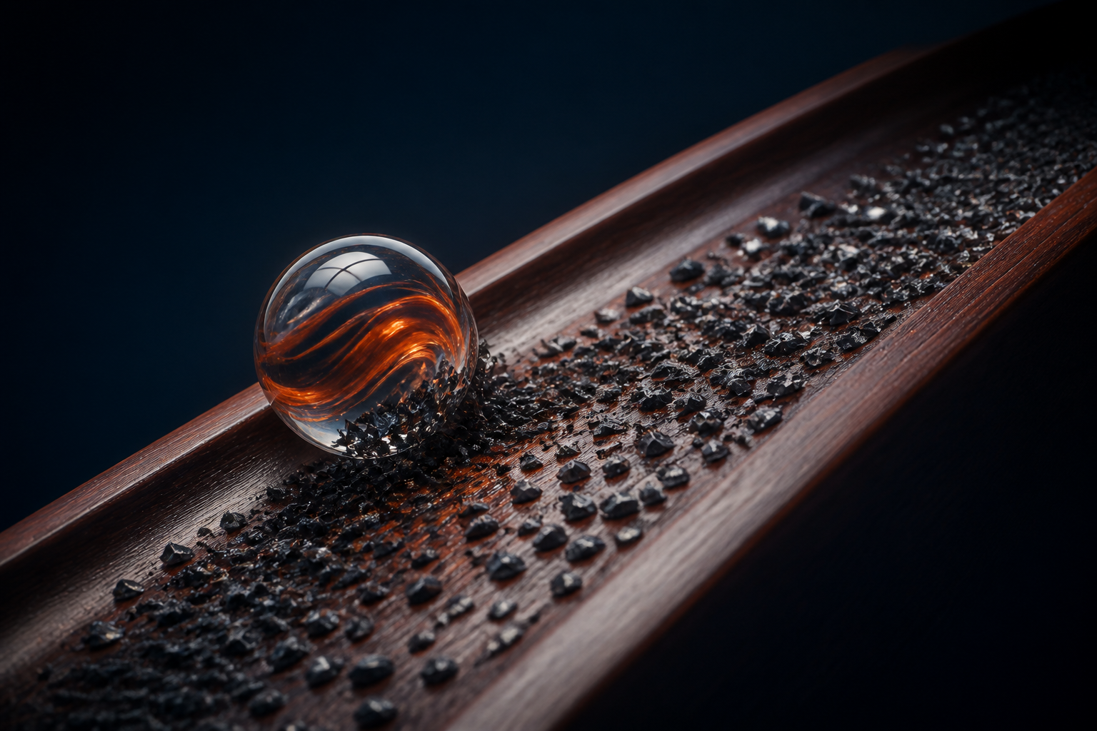 Illustration till artikeln ”Digital friktion: De osynliga hindren som dödar din försäljning 2026” (Marknadsföring): A polished, hyper-realistic glass marble attempts to roll down a smooth mahogany ramp, but its path is obstructed by thousands of microscopic, jagged obsidian sh...