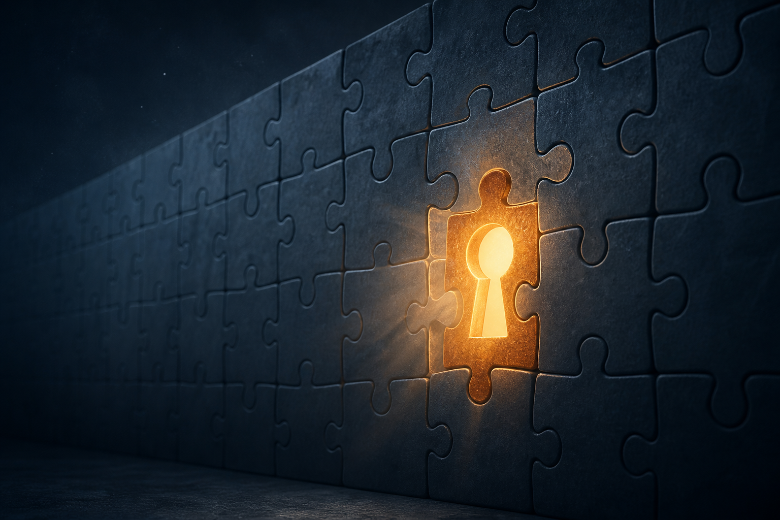 Illustration till artikeln ”Organisk räckvidd 2026: Varför ingen ser dina inlägg (och hur du fixar det)” (Marknadsföring): A monolithic stone wall made of interlocking jigsaw pieces where only a single, glowing golden keyhole-shaped stone radiates light, while hundreds of iden...