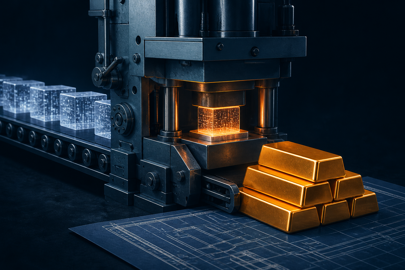 Illustration till artikeln ”Vår process: Så bygger vi lönsamma digitala lösningar (utan onödigt fluff)” (Process): A heavy industrial assembly line where raw, translucent blocks of digital data enter a high-precision metal press and emerge as solid, polished gold ingots stacke...