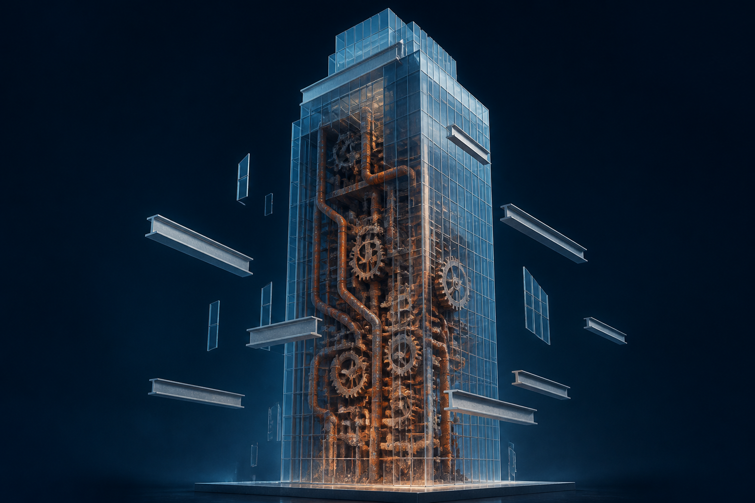 Illustration till artikeln ”Teknisk SEO audit: Så hittar du felen som stoppar din ranking” (Teknisk SEO): A pristine, translucent architectural model of a skyscraper reveals a tangled web of corroded copper pipes and calcified gears visible through its glass walls, with severa...