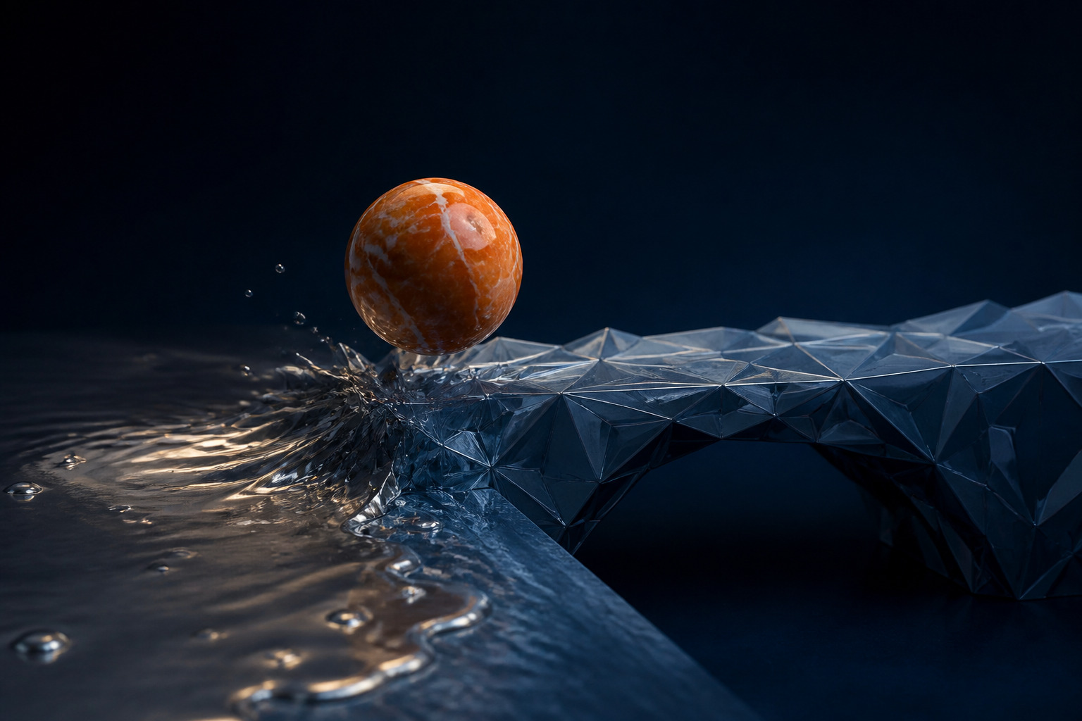 Illustration till artikeln ”Sajthastighet 2026: Varför gröna siffror inte räcker (och vad du ska göra istället)” (Teknisk SEO): A high-speed stop-motion sequence of a heavy marble hitting a pool of mercury, where the liquid instantly crystallizes into a rigid geometric bridge ...