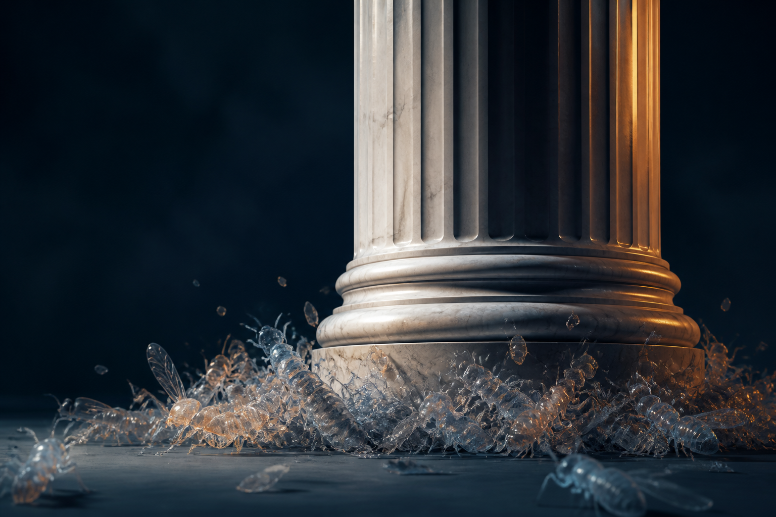 Illustration till artikeln ”SEO 2026: Auktoritet är den nya rankningsfaktorn (så bygger du E-E-A-T)” (SEO): A massive, polished marble pillar rises vertically, crushing a chaotic swarm of translucent, flickering plastic insects under its weight