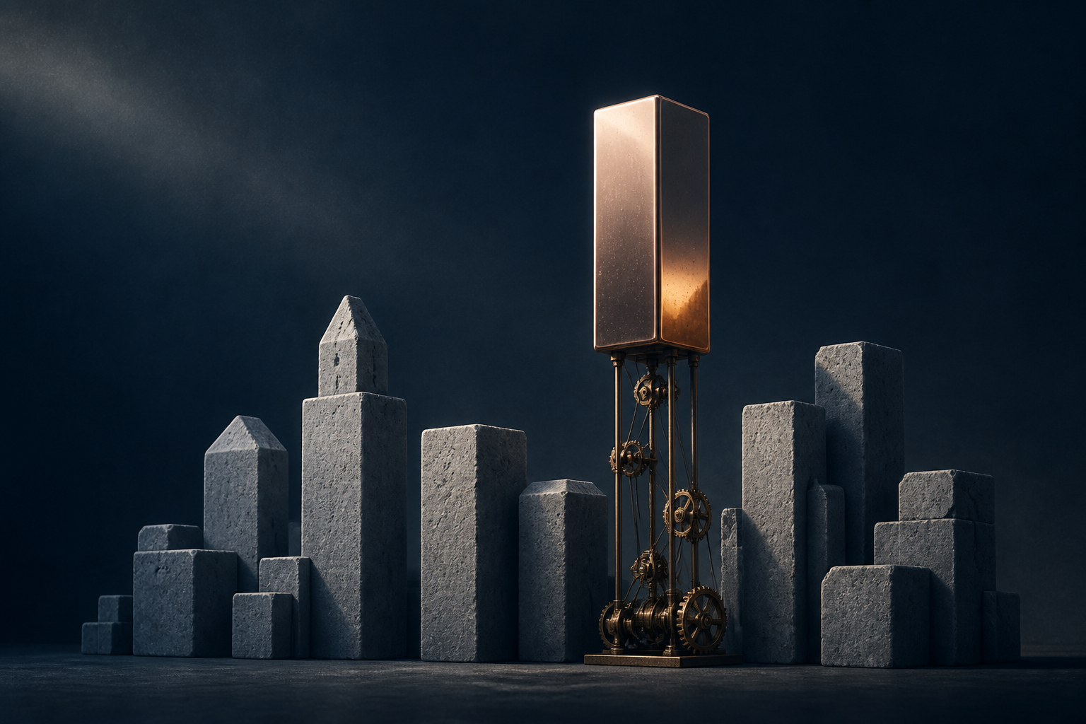 Illustration till artikeln ”Skrik Åsa Jönköping: Så bygger du ett varumärke som syns och säljer” (Lokal SEO): A series of monolithic limestone blocks representing a local city skyline are arranged in a row, with one singular block polished to a mirror sheen and elevated by a s...