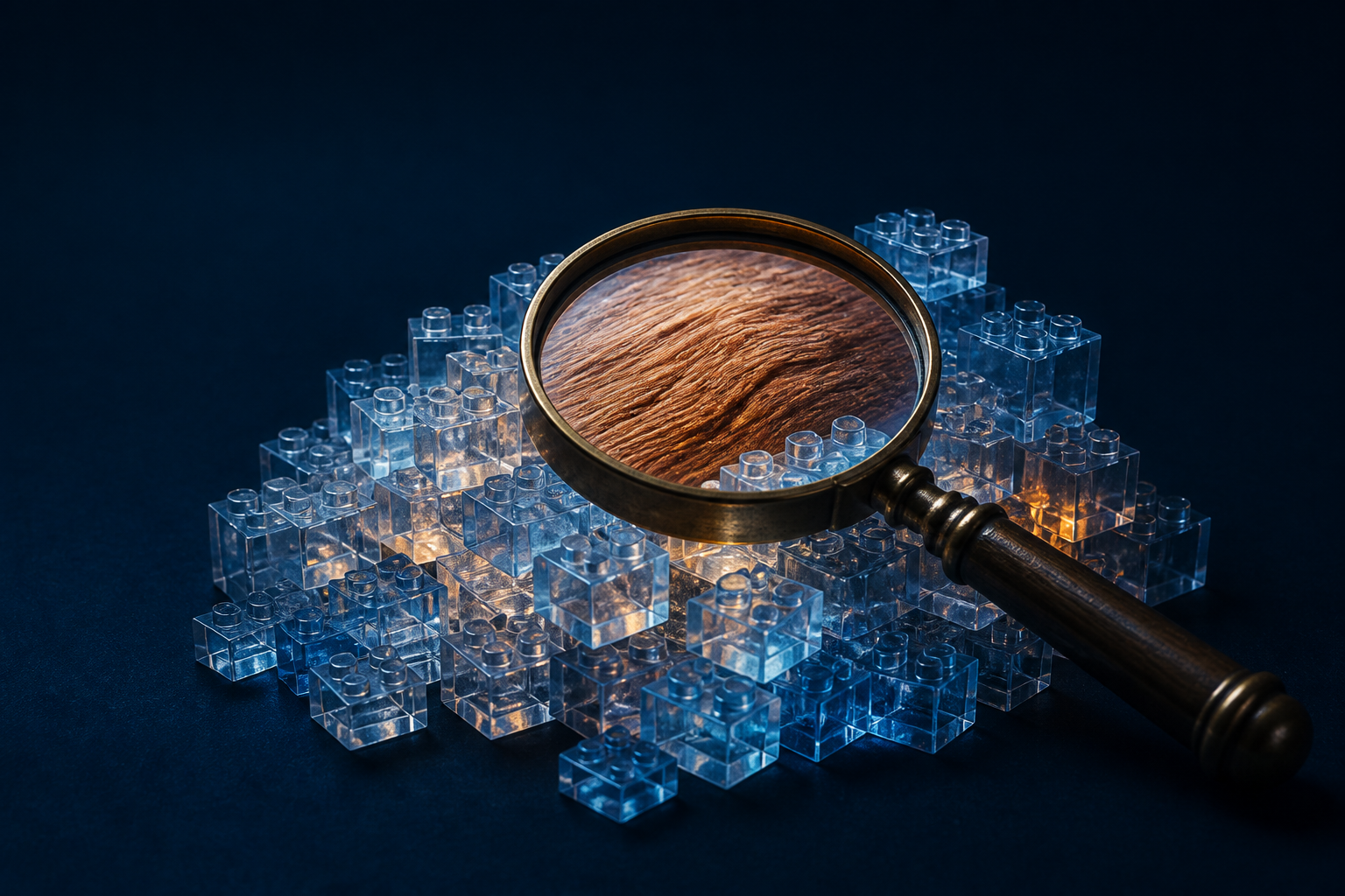 Illustration till artikeln ”Veckan i sök: Google kräver manuell faktakontroll av AI-innehåll” (SEO): A physical magnifying glass with a heavy brass handle rests atop a pile of glowing, translucent plastic bricks, revealing a detailed, organic wood grain texture only where the ...