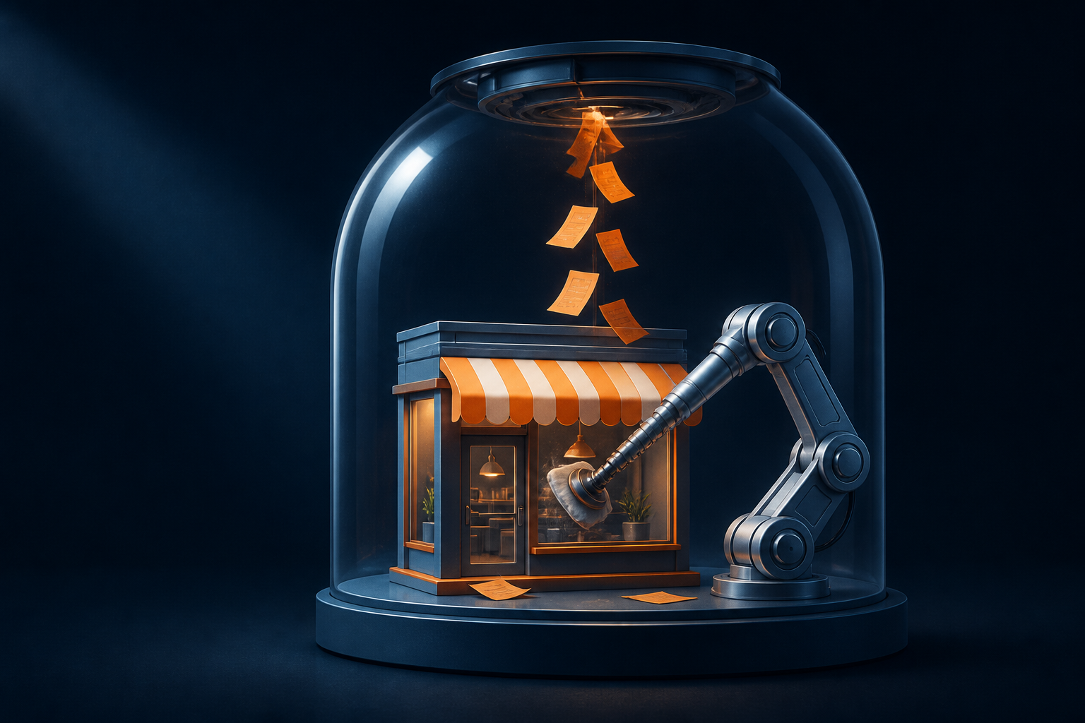 Illustration till artikeln ”Veckan i sök: Din Google Business Profile blir en AI-agent och ChatGPT får annonser” (SEO): A miniature storefront sits inside a glass terrarium where a metallic robotic arm meticulously polishes the display window, while a thin stream of bright neo...