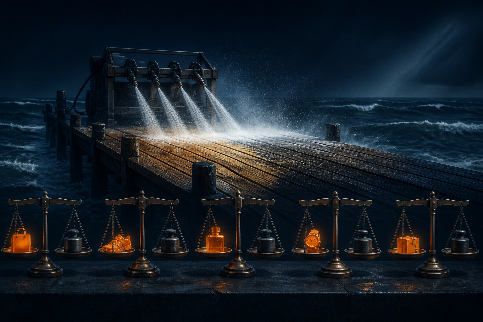 Illustration till artikeln ”Veckan i sök: Google avslutar Spam Update och sätter ner foten mot snabba prisändringar” (SEO): A weathered wooden pier extending over a dark ocean is being scoured clean by high-pressure water jets, while in the foreground, a row of identical brass...