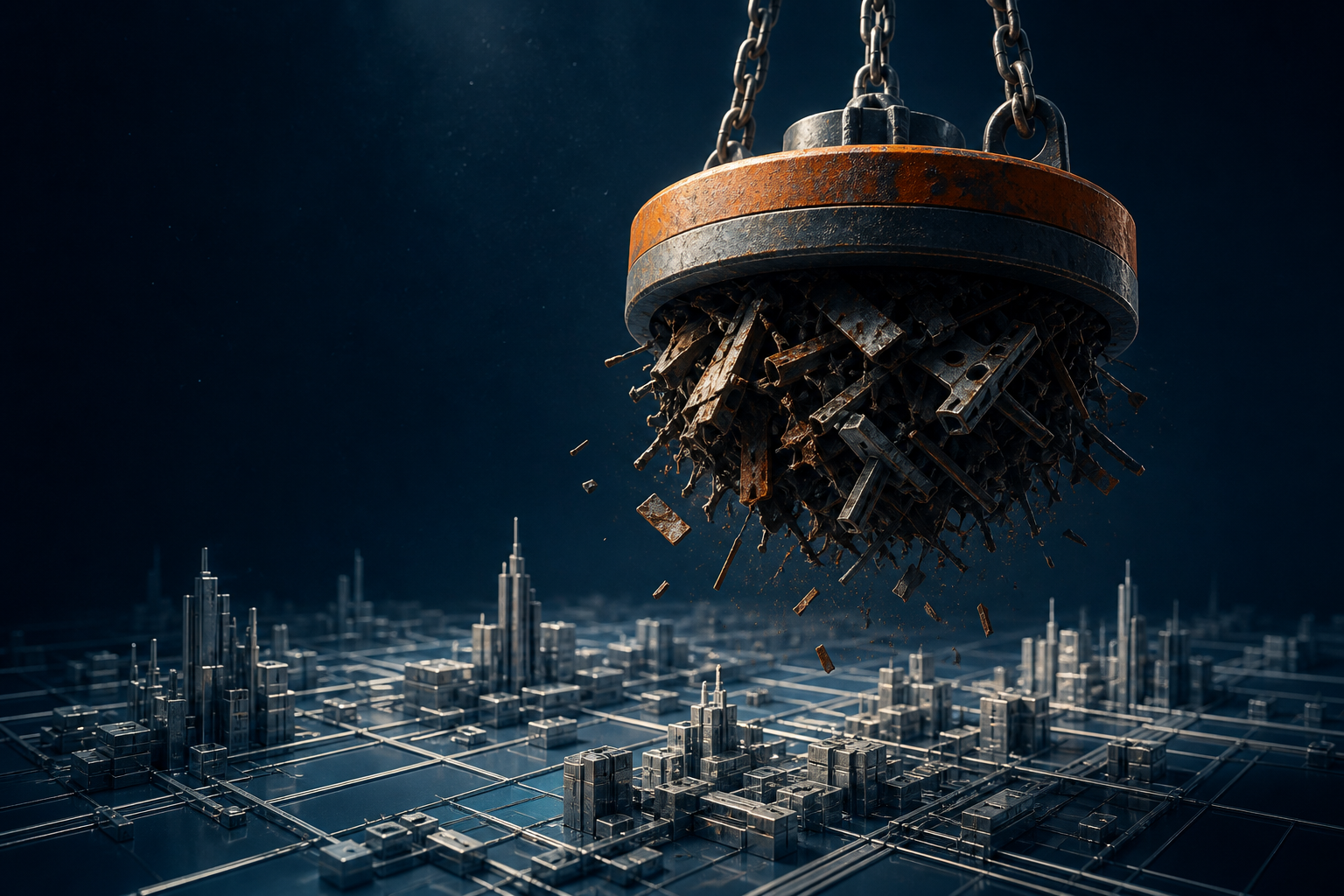 Illustration till artikeln ”Veckan i sök: Google släpper ny Spam Update och multimodala filter” (SEO): A dense, architectural blueprint of a city grid is being scrubbed clean by a massive, high-precision industrial magnet that hoists away rusted, jagged scrap metal while leavi...
