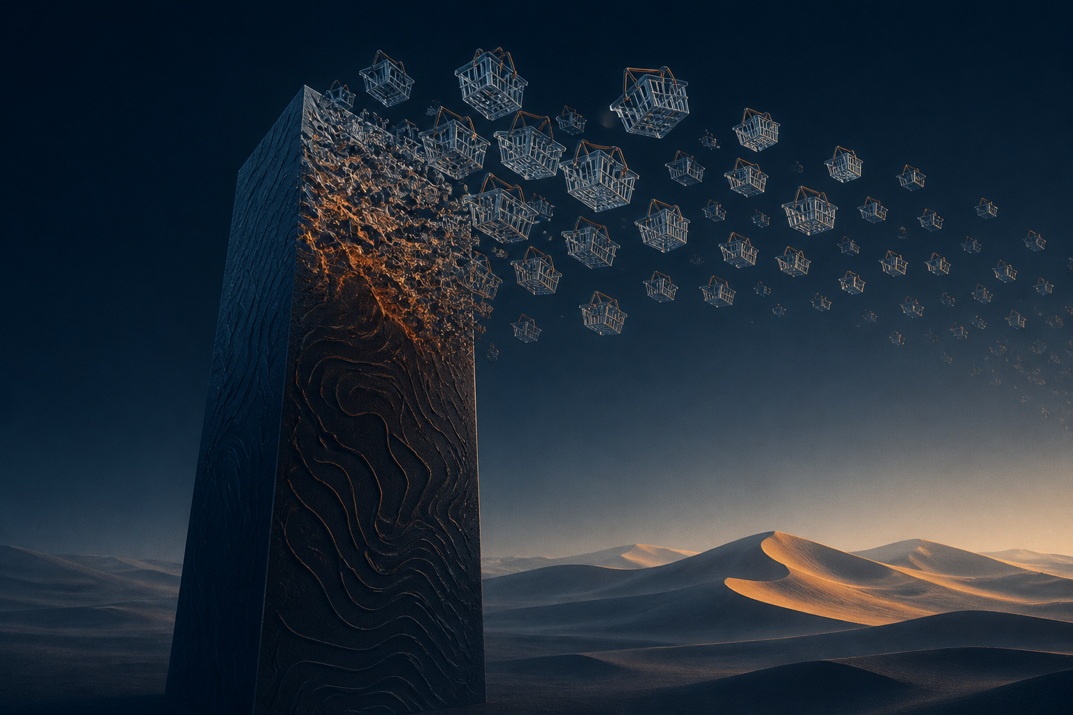 Illustration till artikeln ”Veckan i sök: Google Universal Cart och sökresultatens framtid 2028” (SEO): A towering obsidian monolith etched with intricate topographic grooves dissolves at its peak into a swarm of translucent glass shopping baskets that drift toward a horizon o...